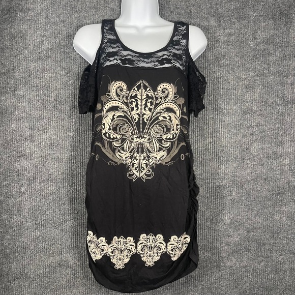 Folter Tops - Y2K Folter Black Lace Cold Shoulder Tunic Dress M Goth Emo Punk Edgy USA Stretch